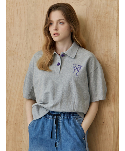 MAXZA(マージャコレクション)の「リボン刺繍ボリュームスリーブカラー付き半袖Tシャツ(Tシャツ/カットソー・レディース・グレー/ブラック・FREE)」の4枚目の写真