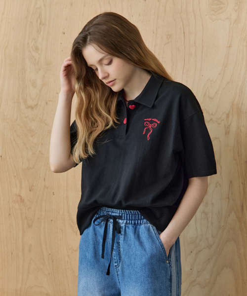 MAXZA(マージャコレクション)の「リボン刺繍ボリュームスリーブカラー付き半袖Tシャツ(Tシャツ/カットソー・レディース・グレー/ブラック・FREE)」の6枚目の写真