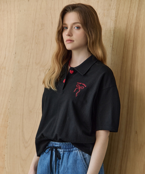 MAXZA(マージャコレクション)の「リボン刺繍ボリュームスリーブカラー付き半袖Tシャツ(Tシャツ/カットソー・レディース・グレー/ブラック・FREE)」の7枚目の写真