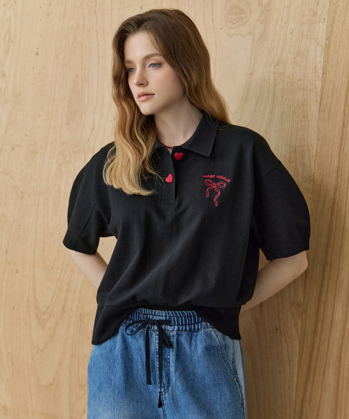 MAXZA(マージャコレクション)の「リボン刺繍ボリュームスリーブカラー付き半袖Tシャツ(Tシャツ/カットソー・レディース・グレー/ブラック・FREE)」の8枚目の写真