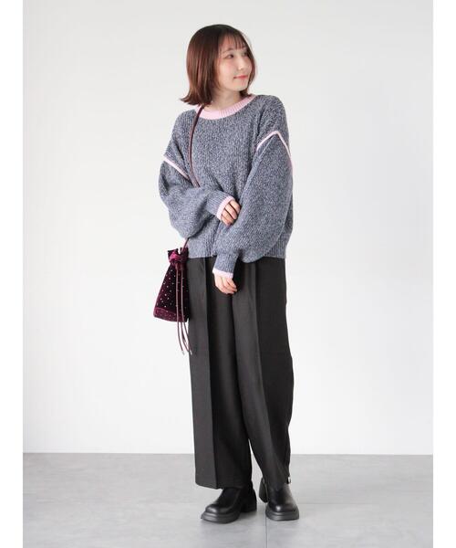 Te chichi TERRASSE（テチチテラス）の「片畦配色クロップドモックネックニットプルオーバー（ニット/セーター・レディース・グレー/オフホワイト/ネイビー・F）」の4枚目の写真