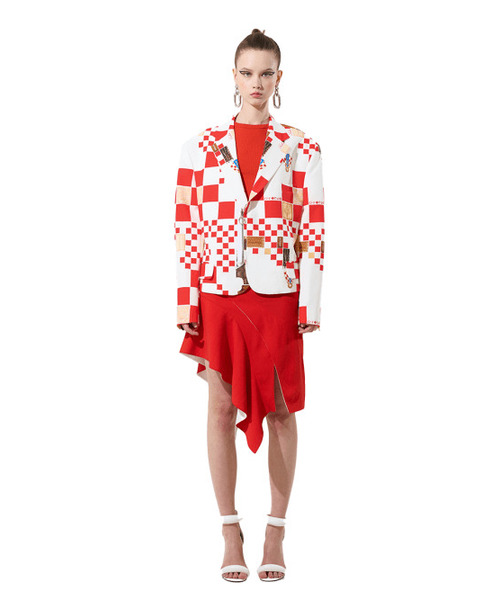 Red And White Biscuit Check Pattern Zipper Detail Jacket