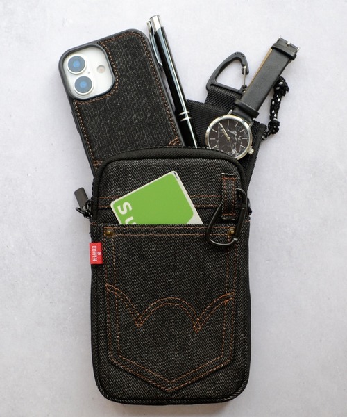 EDWIN（エドウィン）の「デニム ポーチ エドウィン 「スマホ用マルチポーチ」 ショルダーストラップ付き スマホポーチ カラビナ（スマホグッズ・メンズ・インディゴブルー/ブラック・ONE SIZE）」の7枚目の写真