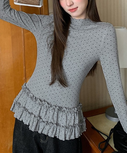 Nia(ニア)の「Nia(ニア)/ドット柄 レイヤードフリルトップス カットソー(Tシャツ/カットソー・レディース・グレー/アイボリー・MEDIUM/SMALL)」の2枚目の写真