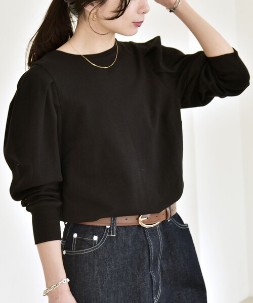 quaranciel(カランシエル)の「quaranciel:〈洗濯機可能〉パワーショルダー クルーネック プルオーバー(Tシャツ/カットソー・レディース・ホワイト/ブラック・ONE SIZE)」の15枚目の写真