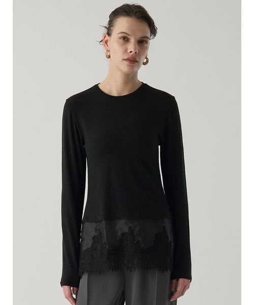 Henon.（ヘノン）の「レースドッキングクルーネックトップス（Tシャツ/カットソー・レディース・グレー/ブラック・F）」の2枚目の写真