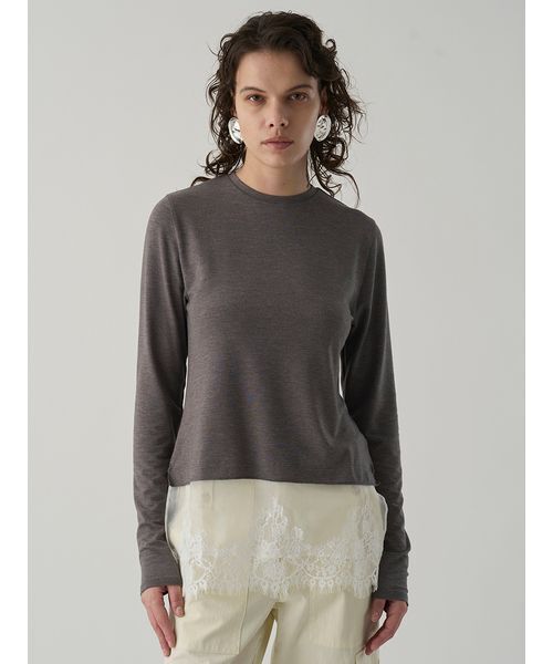 Henon.（ヘノン）の「レースドッキングクルーネックトップス（Tシャツ/カットソー・レディース・グレー/ブラック・F）」の3枚目の写真