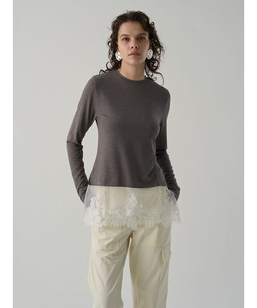 Henon.（ヘノン）の「レースドッキングクルーネックトップス（Tシャツ/カットソー・レディース・グレー/ブラック・F）」の5枚目の写真