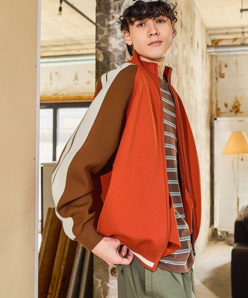 niko and...（ニコアンド）の「ニットトラックジャケット（ブルゾン・メンズ・ブラック/アイボリー/オレンジ/グリーン・MEDIUM/LARGE）」の4枚目の写真