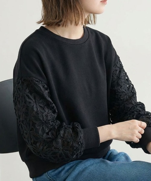aquagarage(アクアガレージ)の「袖花柄シアー切替トップス(Tシャツ/カットソー・レディース・ブラック/オフホワイト・M)」の7枚目の写真