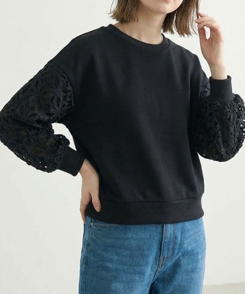 aquagarage(アクアガレージ)の「袖花柄シアー切替トップス(Tシャツ/カットソー・レディース・ブラック/オフホワイト・M)」の8枚目の写真