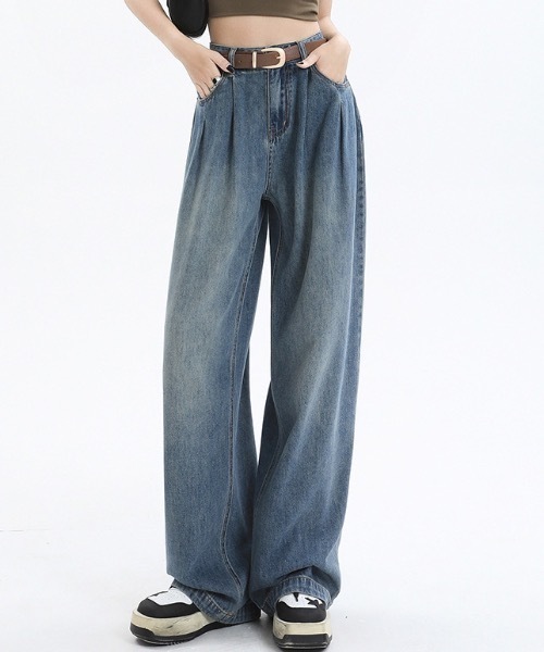 Teem Store(チームストア)の「ヴィンテージ風タックワイドデニムパンツ(デニムパンツ・レディース・その他/サックスブルー/ブルー・M/S)」の1枚目の写真