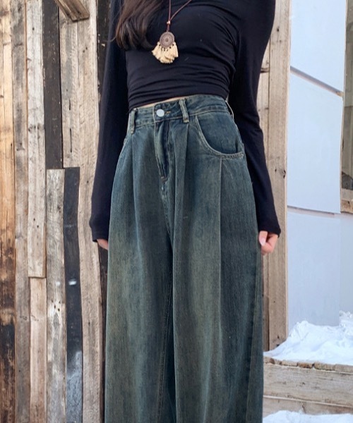 Teem Store(チームストア)の「ヴィンテージ風タックワイドデニムパンツ(デニムパンツ・レディース・その他/サックスブルー/ブルー・M/S)」の7枚目の写真
