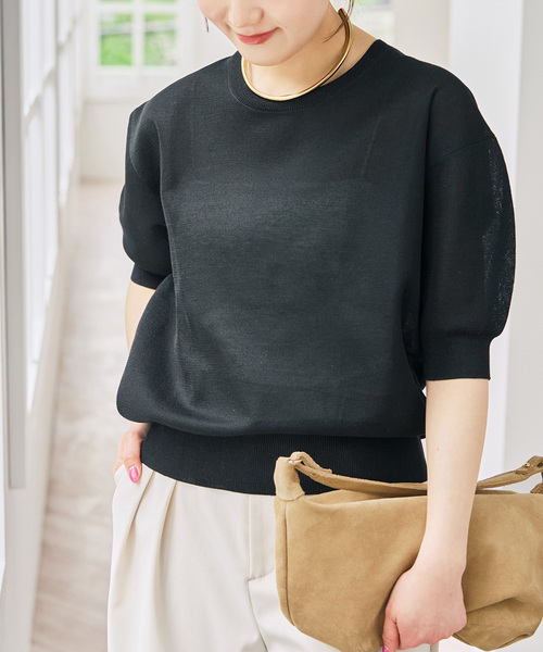 Spick & Span(スピックアンドスパン)の「《手洗い可》シアーミラノリブパフスリーブプルオーバー(ニット/セーター・レディース・ブラック/キャメル・FREE)」の1枚目の写真