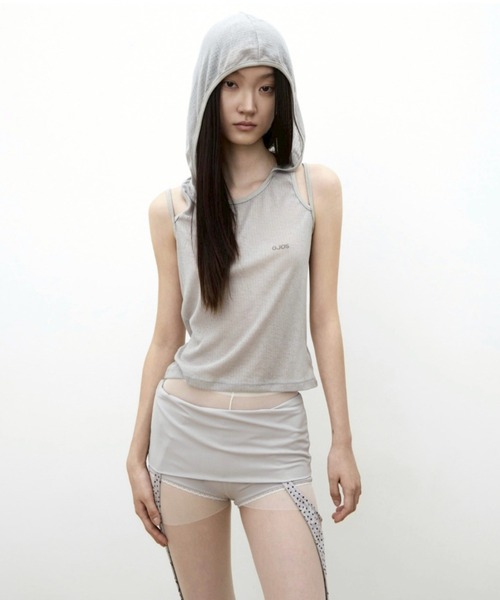 OJOS(オホス)の「【OJOS】Rib Hood Sleeveless / 【オホス】シアーレイヤードリブフード付きタンクトップ(タンクトップ・レディース・グレー/ブラック/ホワイト/ピンク・01)」の3枚目の写真