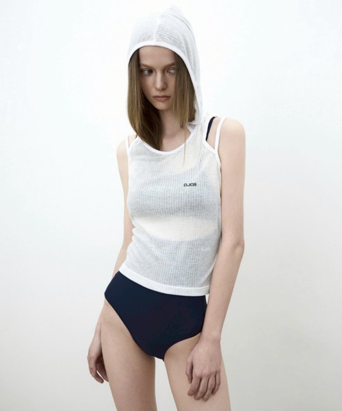 OJOS(オホス)の「【OJOS】Rib Hood Sleeveless / 【オホス】シアーレイヤードリブフード付きタンクトップ(タンクトップ・レディース・グレー/ブラック/ホワイト/ピンク・01)」の2枚目の写真