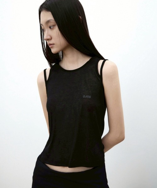 OJOS(オホス)の「【OJOS】Rib Hood Sleeveless / 【オホス】シアーレイヤードリブフード付きタンクトップ(タンクトップ・レディース・グレー/ブラック/ホワイト/ピンク・01)」の1枚目の写真