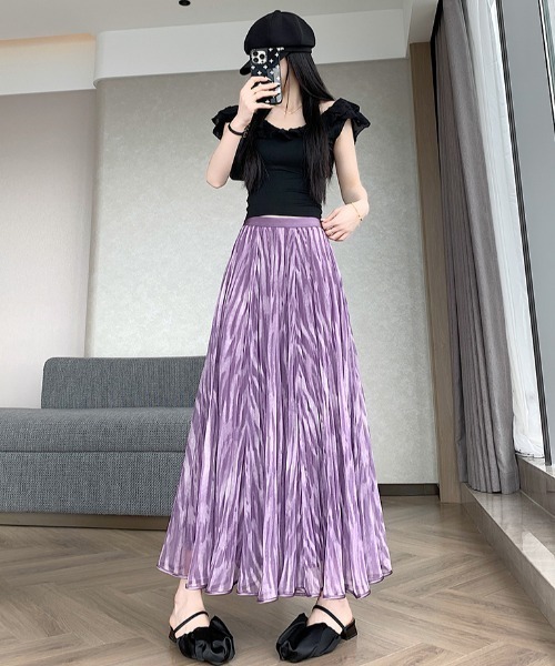 AMAJI（アマジ）の「ハイウエスト チュールスカート リバーシブル ミモレ丈 フレアシルエット ウエストゴム（スカート・レディース・ベージュ/パープル/ピンク/ブラック・X-LARGE/LARGE/MEDIUM/SMALL）」の12枚目の写真
