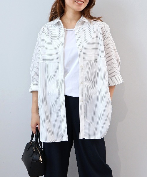 fleur by mint breeze(フルールバイミントブリーズ)の「【L~6L 大きいサイズ】【接触冷感・UVカット】スキッパー7分袖シャツ(シャツ/ブラウス・レディース・ネイビー/オフホワイト・LL/3L/4L/5L)」の1枚目の写真