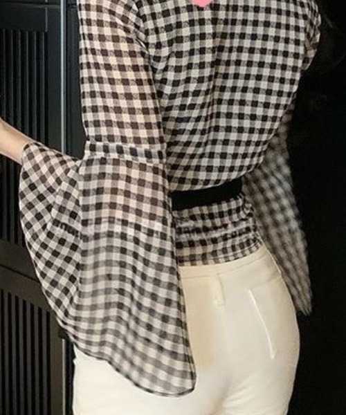 NoBelle（ノベル）の「チェック柄　シアーVネックフリル袖ブラウス（シャツ/ブラウス・レディース・ブラック・M/S）」の17枚目の写真