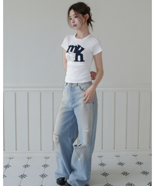 muahmuah（ムーアムーア）の「Aフラワーアップリケパッチ半袖Tシャツ [4色]（Tシャツ/カットソー・レディース・ホワイト/グレー/ピンク/ブラック・FREE）」の12枚目の写真