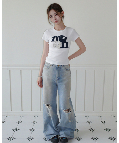 muahmuah（ムーアムーア）の「Aフラワーアップリケパッチ半袖Tシャツ [4色]（Tシャツ/カットソー・レディース・ホワイト/グレー/ピンク/ブラック・FREE）」の13枚目の写真