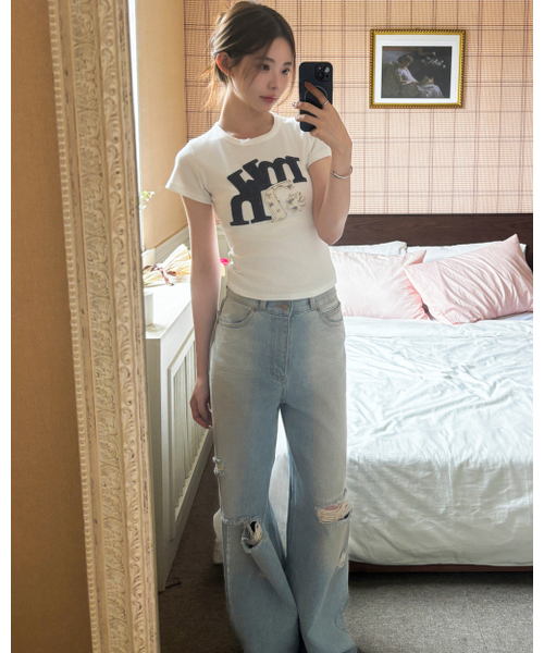 muahmuah（ムーアムーア）の「Aフラワーアップリケパッチ半袖Tシャツ [4色]（Tシャツ/カットソー・レディース・ホワイト/グレー/ピンク/ブラック・FREE）」の18枚目の写真