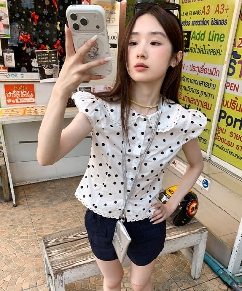 gossip!ロサンゼルス(ゴシップロサンゼルス)の「【Y2Kガーリー】 ドット柄レース襟パフスリーブブラウス(Tシャツ/カットソー・レディース・ドット・M)」の10枚目の写真
