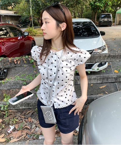 gossip!ロサンゼルス(ゴシップロサンゼルス)の「【Y2Kガーリー】 ドット柄レース襟パフスリーブブラウス(Tシャツ/カットソー・レディース・ドット・M)」の15枚目の写真