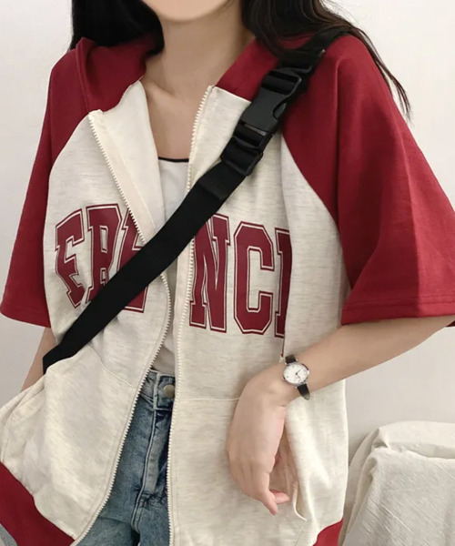 VIVID LADY(ビビッドレディー)の「ラグラン配色 カレッジロゴ 半袖ジップアップパーカー(パーカー・レディース・ネイビー/ワイン/グリーン・FREE)」の10枚目の写真