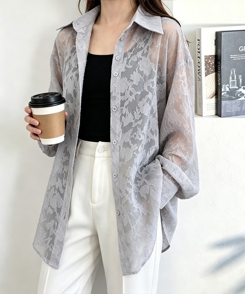 Miniministore(ミニミニストア)の「レースブラウス レディースシアーシャツ夏(シャツ/ブラウス・レディース・ミント/ライトグレー/ホワイト・FREE)」の2枚目の写真