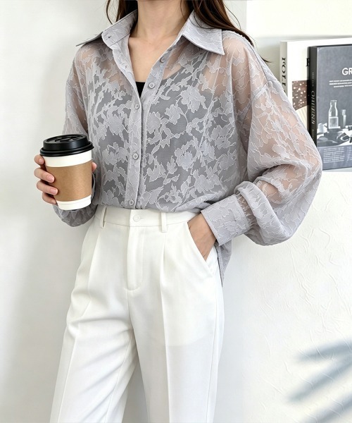 Miniministore(ミニミニストア)の「レースブラウス レディースシアーシャツ夏(シャツ/ブラウス・レディース・ミント/ライトグレー/ホワイト・FREE)」の11枚目の写真