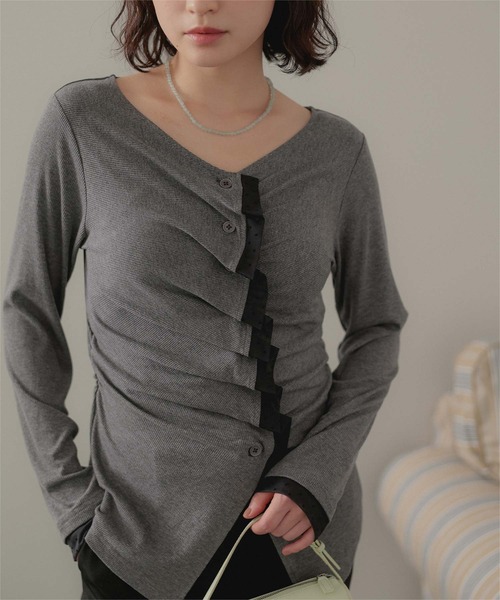 miette(ミエット)の「フロントギャザーチュールドッキングトップス(Tシャツ/カットソー・レディース・ブラック/チャコール/アイボリー・FREE)」の12枚目の写真