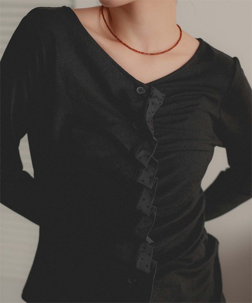 miette(ミエット)の「フロントギャザーチュールドッキングトップス(Tシャツ/カットソー・レディース・ブラック/チャコール/アイボリー・FREE)」の7枚目の写真