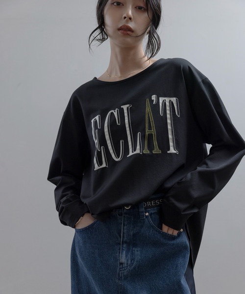 Eimee Law(エイミーロウ)の「エンブロ ロゴジョーゼットプルオーバー(Tシャツ/カットソー・レディース・ブラック/アイボリー/ライトブラウン・FREE)」の1枚目の写真