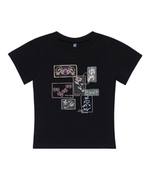 フラワーコラージュプリントスリムフィット半袖Tシャツブラック