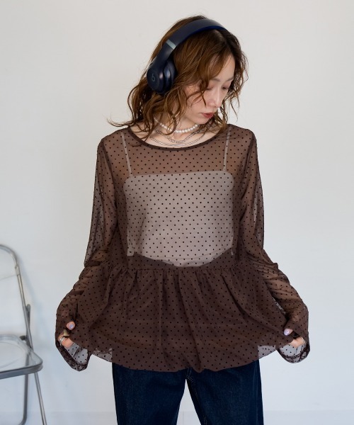 mellomela.（メロメラ）の「裾バルーンフロッキードットトップス（Tシャツ/カットソー・レディース・オフホワイト/ブラウン/ブルー・FREE）」の3枚目の写真