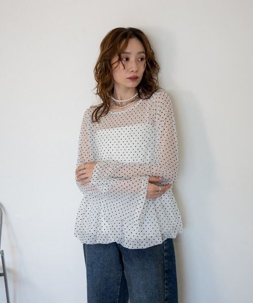 mellomela.（メロメラ）の「裾バルーンフロッキードットトップス（Tシャツ/カットソー・レディース・オフホワイト/ブラウン/ブルー・FREE）」の19枚目の写真