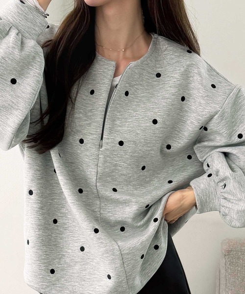 GeeRA(ジーラ)の「ドット刺繍ハーフジップダンボールトップス(Tシャツ/カットソー・レディース・杢グレー/ブラック・X-LARGE/LARGE/MEDIUM)」の2枚目の写真