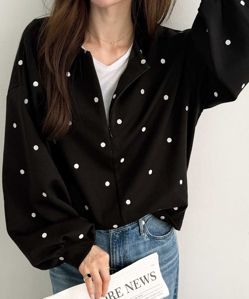 GeeRA(ジーラ)の「ドット刺繍ハーフジップダンボールトップス(Tシャツ/カットソー・レディース・杢グレー/ブラック・X-LARGE/LARGE/MEDIUM)」の1枚目の写真