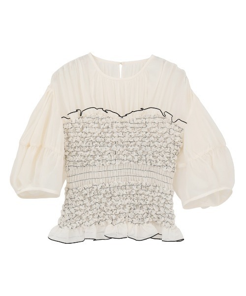 CLANE(クラネ)の「CLANE/クラネ/COLOR STITCHED SHIRRING TOPS(Tシャツ/カットソー・レディース・アイボリー/モスグリーン/ブラック・1)」の2枚目の写真