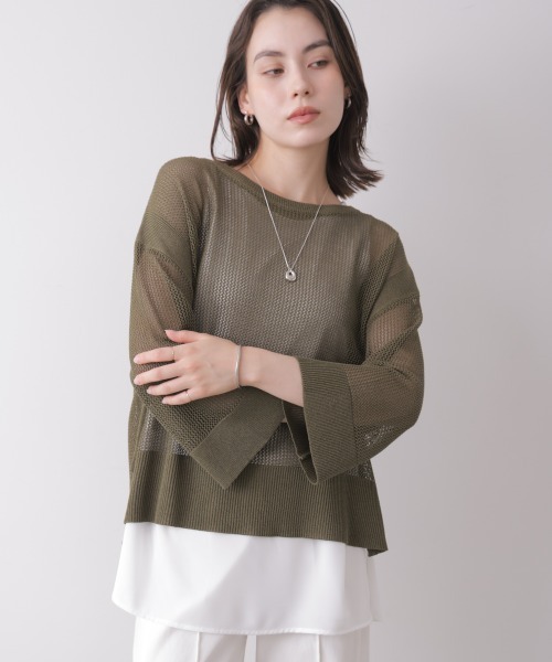 Bou Jeloud(ブージュルード)の「タンク付きレイヤードメッシュニット(Tシャツ/カットソー・レディース・カーキ/ブラック/グレイッシュベージュ・FREE)」の1枚目の写真
