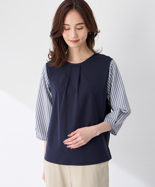 A/C DESIGN BY ALPHA CUBIC(エーシーデザインバイアルファキュービック)の「ストライプタックスリーブ7分袖カットプルオーバー(Tシャツ/カットソー・レディース・ブラウン/ネイビー・M/L)」の6枚目の写真