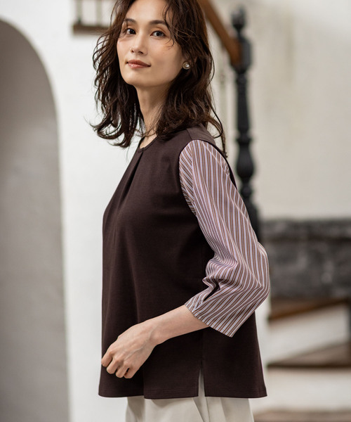 A/C DESIGN BY ALPHA CUBIC(エーシーデザインバイアルファキュービック)の「ストライプタックスリーブ7分袖カットプルオーバー(Tシャツ/カットソー・レディース・ブラウン/ネイビー・M/L)」の18枚目の写真