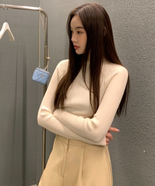 Aelina(エリナ)の「バックシングルブレスト長袖ニットトップス(ニット/セーター・レディース・グリーン/ブルー/ライトベージュ/ブラック・FREE)」の1枚目の写真