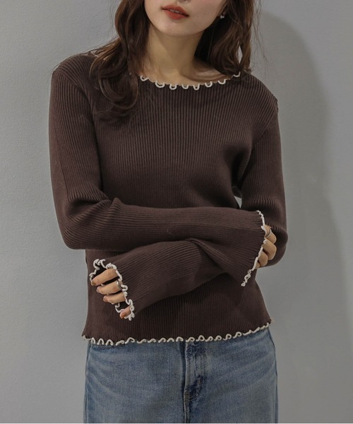 La-gemme(ラジェム)の「配色メロウトップス/フレアスリーブ/メリハリシルエット(Tシャツ/カットソー・レディース・グレー/ホワイト/ブラウン・フリー)」の13枚目の写真