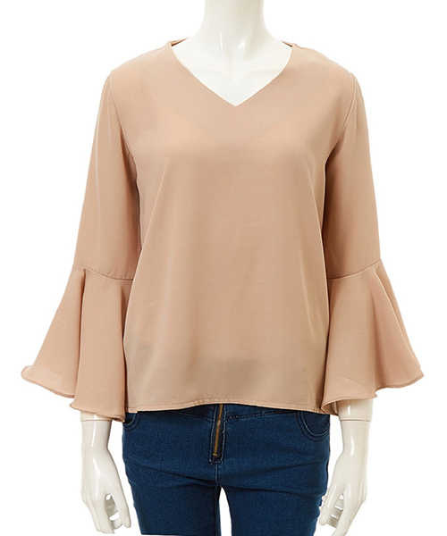 Color(カラー)の「Vネックラッフルスリーブブラウス(シャツ/ブラウス・レディース・ネイビー/ベビーピンク/グレー/ブラック/ベージュ/ホワイト・MEDIUM/SMALL)」の4枚目の写真