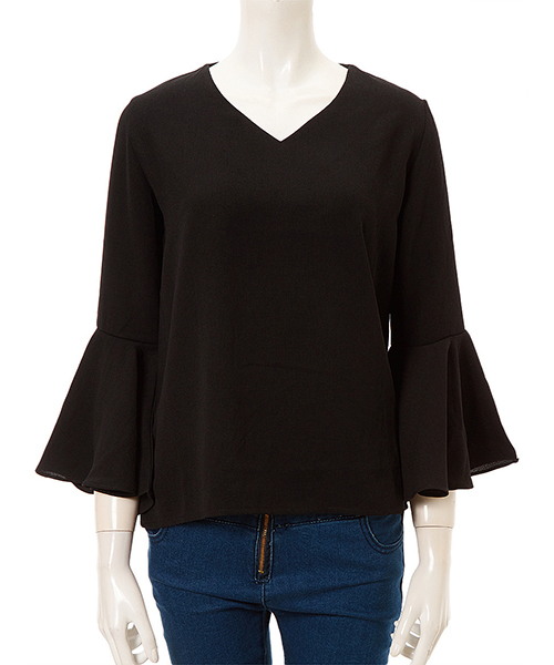 Color(カラー)の「Vネックラッフルスリーブブラウス(シャツ/ブラウス・レディース・ネイビー/ベビーピンク/グレー/ブラック/ベージュ/ホワイト・MEDIUM/SMALL)」の2枚目の写真