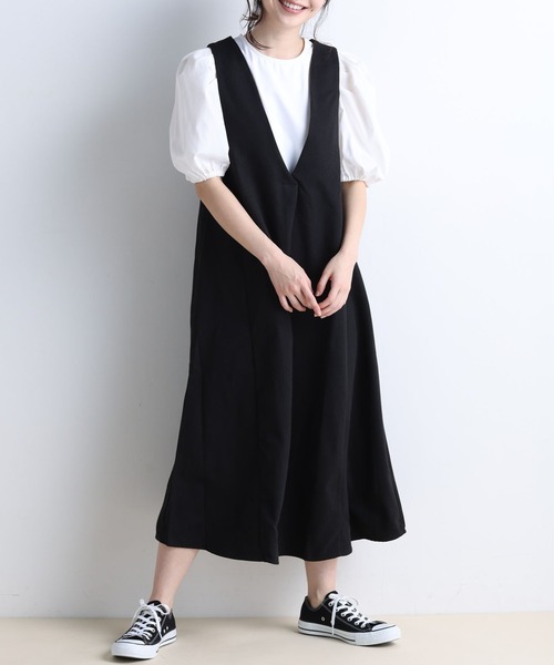 RANAN（ラナン）の「フレアーVネックジャンスカ（ジャンパースカート・レディース・ブラック/ダークグリーン/キャメル・L/M/LL）」の2枚目の写真