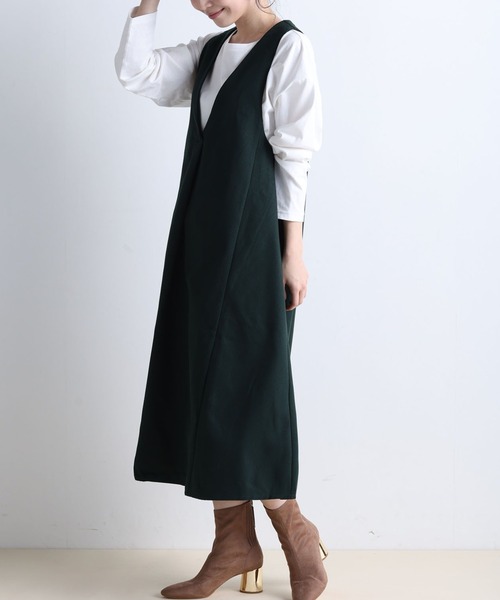 RANAN（ラナン）の「フレアーVネックジャンスカ（ジャンパースカート・レディース・ブラック/ダークグリーン/キャメル・L/M/LL）」の11枚目の写真